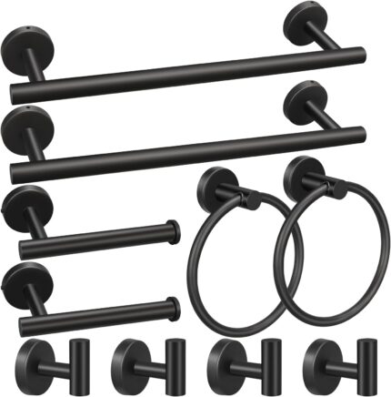 10-Piece Matte Black Bathroom Hardware Set – Bars, Rings and Hooks