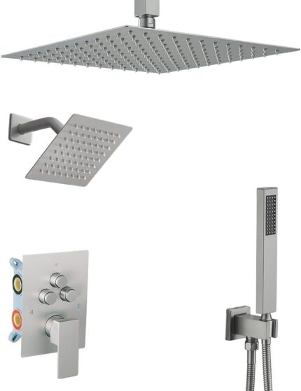 12 Inch Ceiling Rainfall Shower System with Handheld – Brushed Nickel, Valve Included