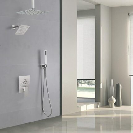 12 Inch Ceiling Rainfall Shower System with Handheld – Brushed Nickel, Valve Included