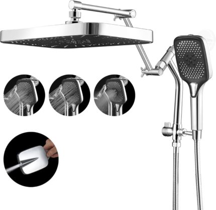 14 Inch Rain Shower Head with Handheld Combo – Polished Chrome, Adjustable Arm
