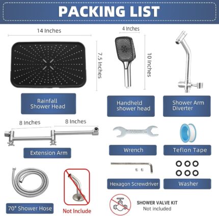 14 Inch Rain Shower Head with Handheld Combo – Polished Chrome, Adjustable Arm