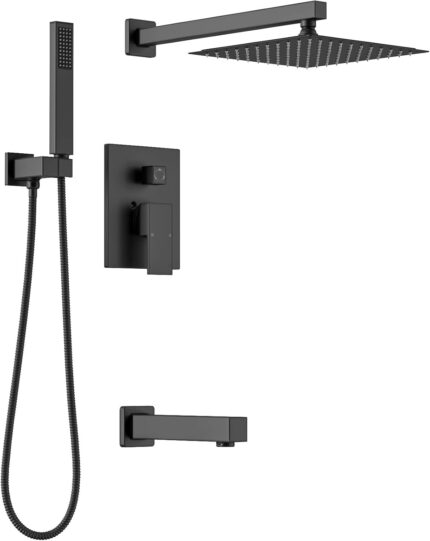 3-Setting Square Rainfall Shower and Tub Set with Spout – Matte Black