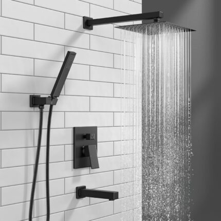 3-Setting Square Rainfall Shower and Tub Set with Spout – Matte Black