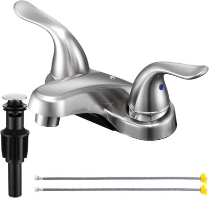 4 Inch Centreset Basin Mixer with Pop-Up Drain – Brushed Nickel, Twin Handle
