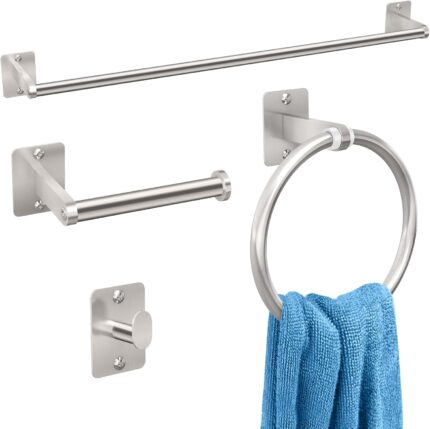 4-Piece Brushed Nickel Bathroom Set – 24 Inch Bar, Hooks, Paper Holder