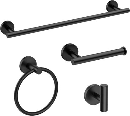 4-Piece Matte Black Towel Bar Set – SUS304 Stainless, 24 Inch