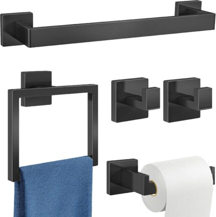 5-Piece Black Stainless Towel Rack Set – 16 Inch, Wall Mounted