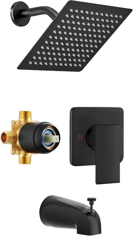 8 Inch Square Rainfall Shower Set with Tub Spout – Matte Black, Valve Included
