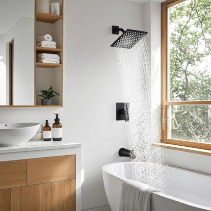 8 Inch Square Rainfall Shower Set with Tub Spout – Matte Black, Valve Included