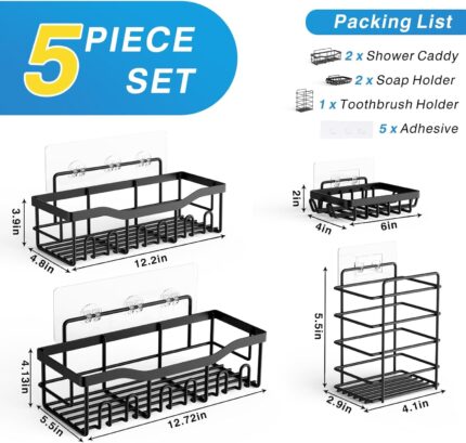 Adhesive Shower Caddy Set of 5 – Rustproof Stainless, No Drilling