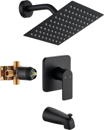 Tub and Shower Faucet Set with Head and Spout – Black