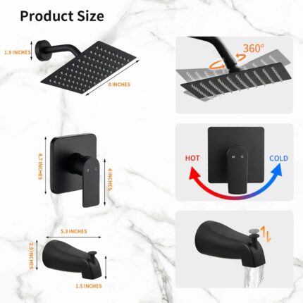 Tub and Shower Faucet Set with Head and Spout – Black